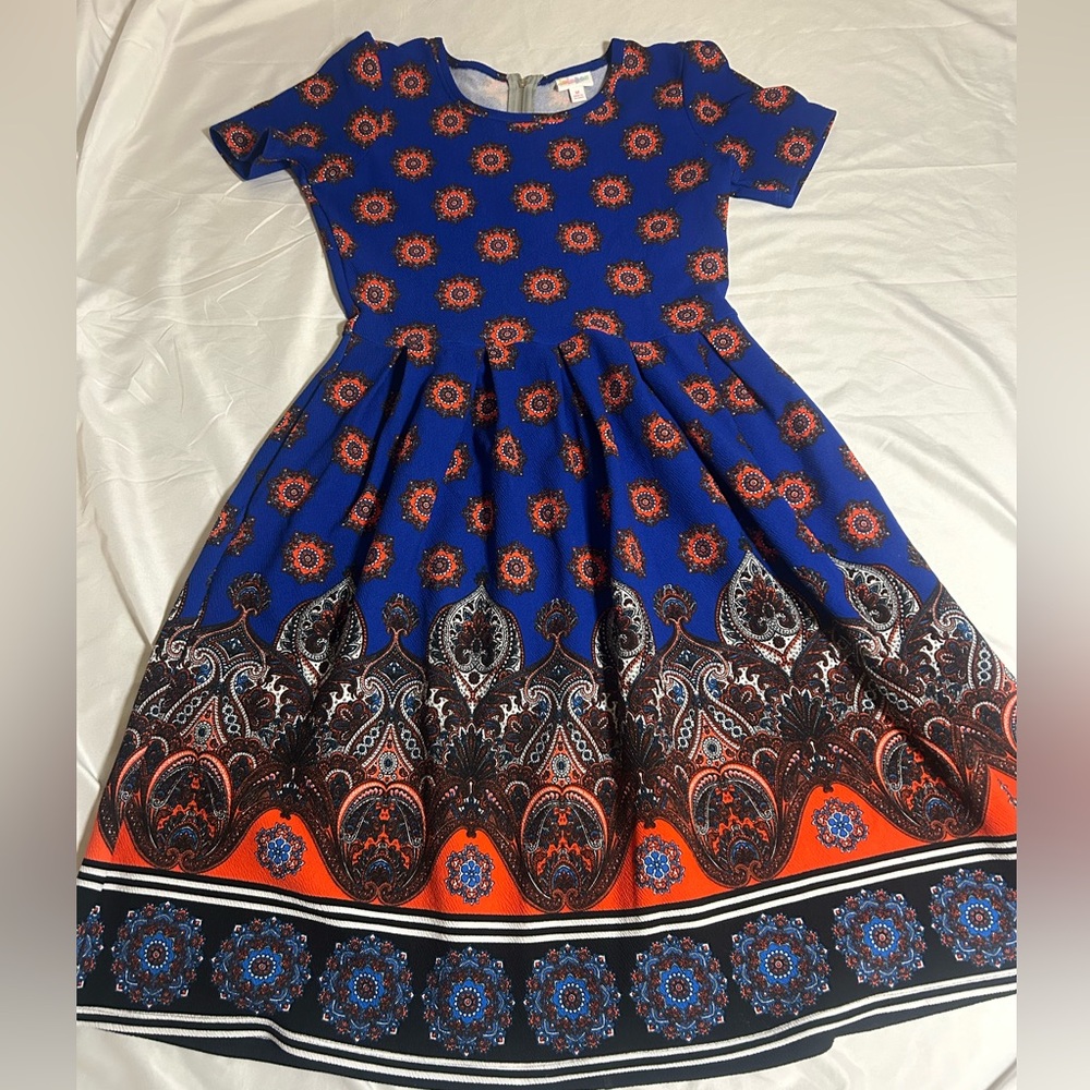 LulaRoe Blue Orange Medallion Border Hem Amelia Fit Flare Dress Sz M Pockets